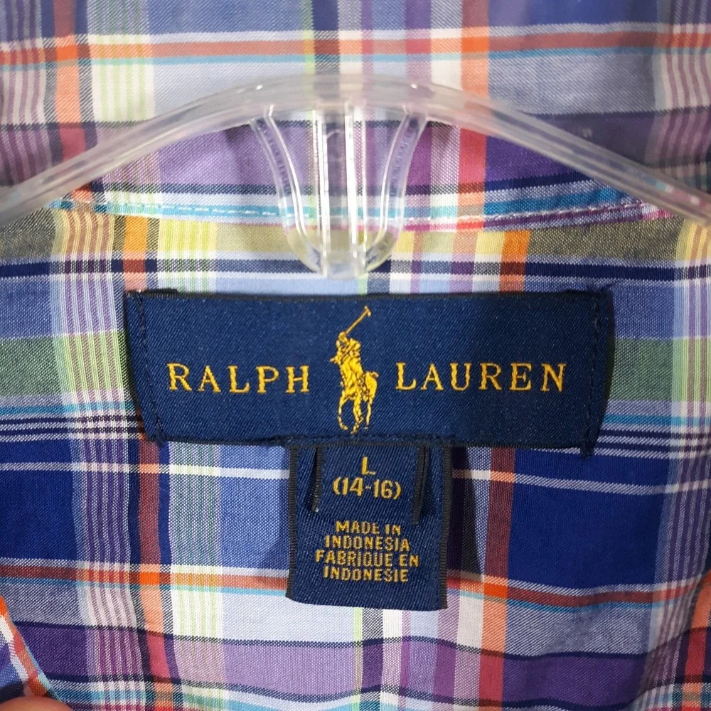 Ralph Lauren Shirt Boys Kids Size L 14-16 Blue Plaid Button Down Small Pony